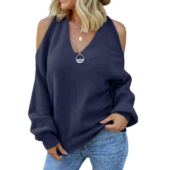 Womens Cold Shoulder Sweaters V Neck Batwing Long Sleeve Oversized Knitted XL - Picture 1 of 7